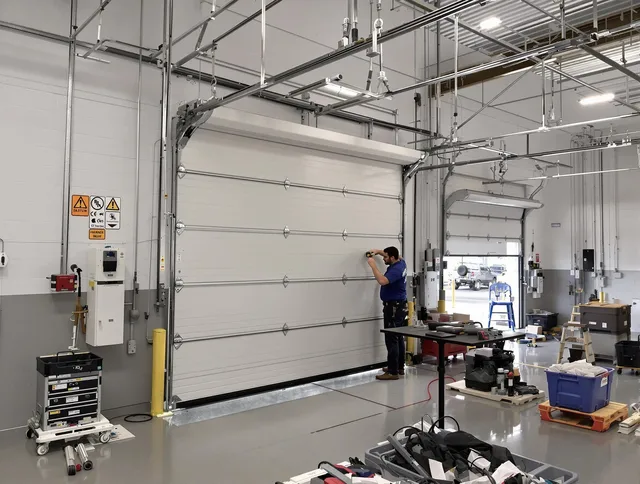 Commercial garage door repair being performed by Jurupa Valley Garage Door Repair expert in Jurupa Valley