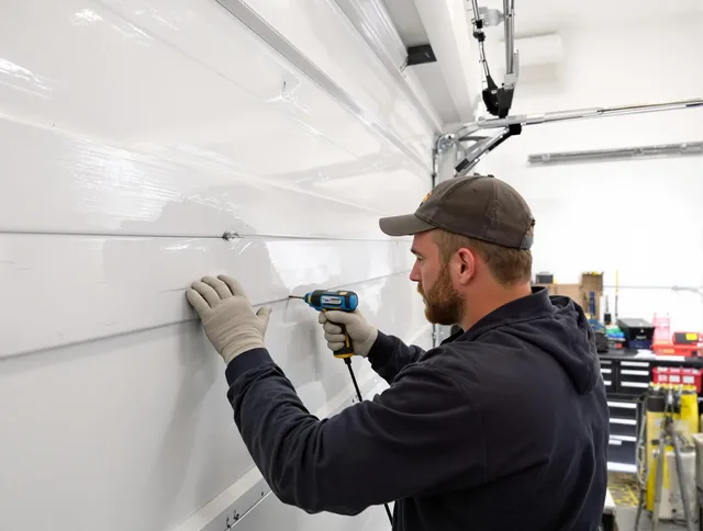 Jurupa Valley Garage Door Repair technician demonstrating precision dent removal techniques on a Jurupa Valley garage door