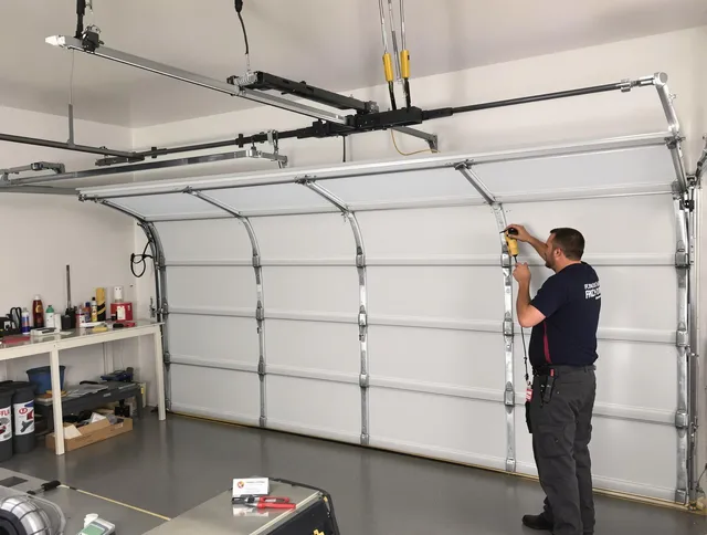 Jurupa Valley Garage Door Repair certified technician performing overhead door system repair in Jurupa Valley