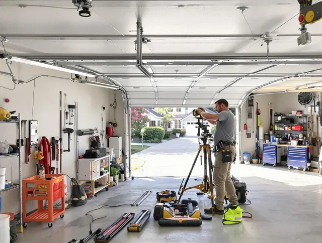 Jurupa Valley Garage Door Repair specialist performing laser-guided track alignment in Jurupa Valley